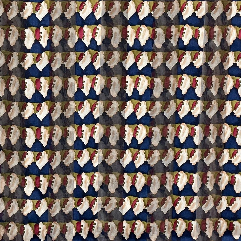 Vintage Style 100% Silk Abstract‎ Geometric Print Scarf Navy Blue Cream 64x13